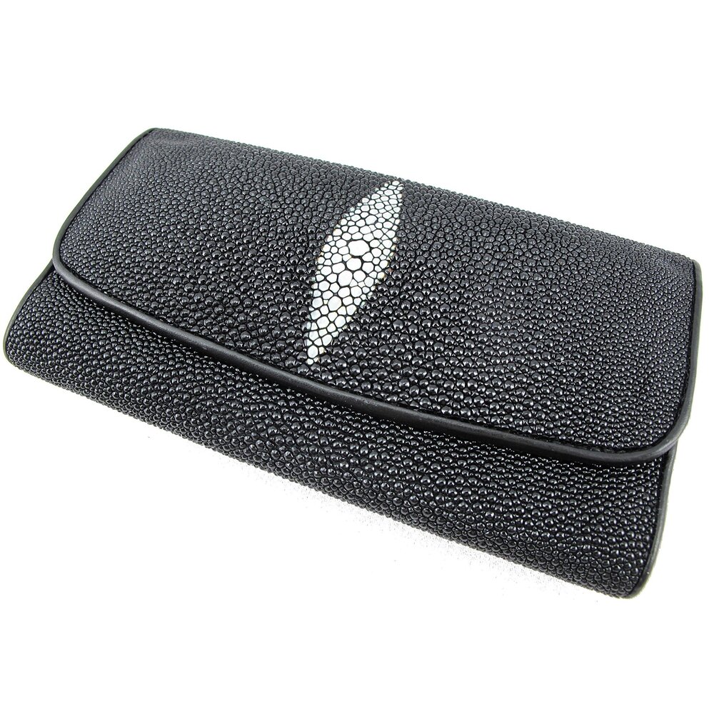 1271 Genuine Stingray Skin Leather Trifold Clutch Wallet Purse Black